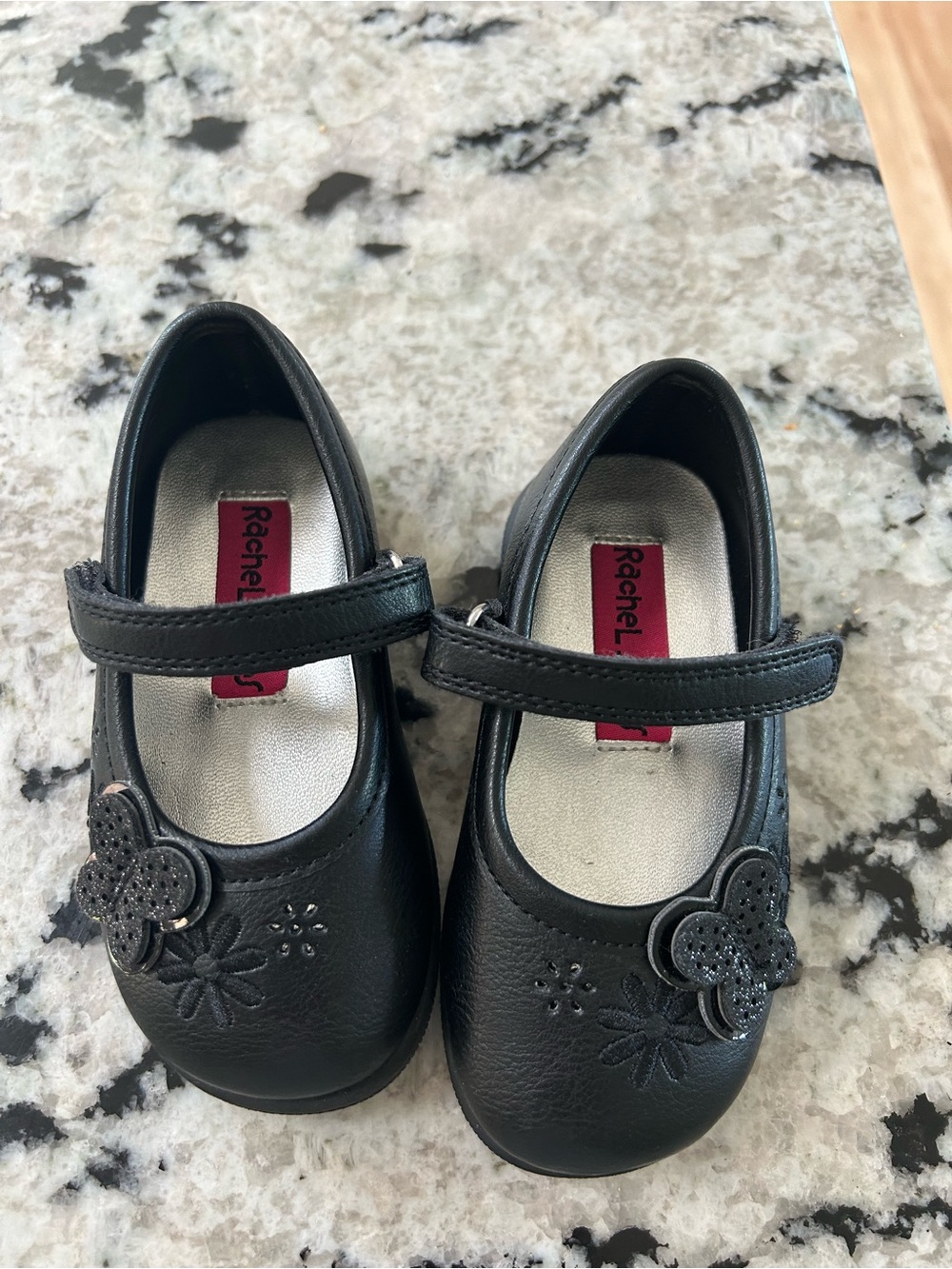 Rachel Black Mary Jane Shoes with Flower Appliqués